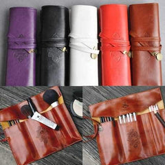Leather Folding Strap Case Makeup Cosmetic Brush Pouch